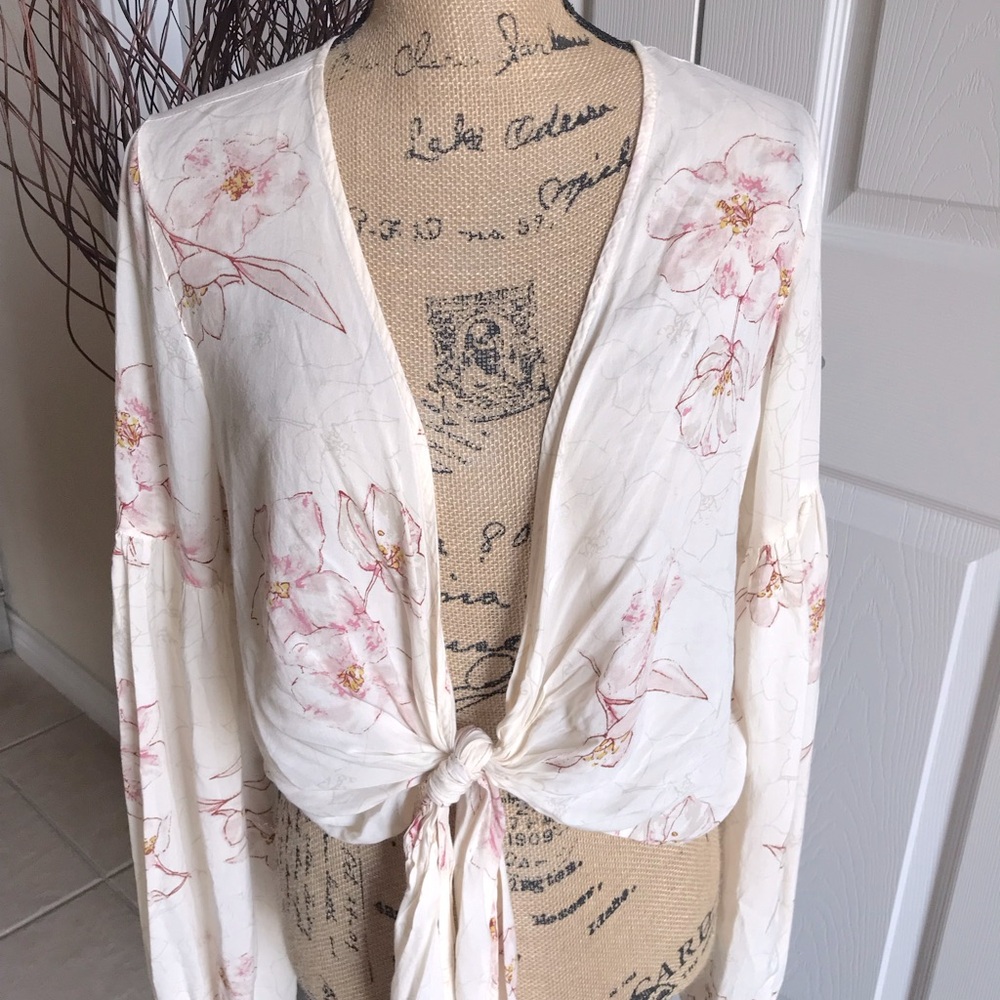 Floral Tie-Front Women's Top — Cream with Pink Blossoms